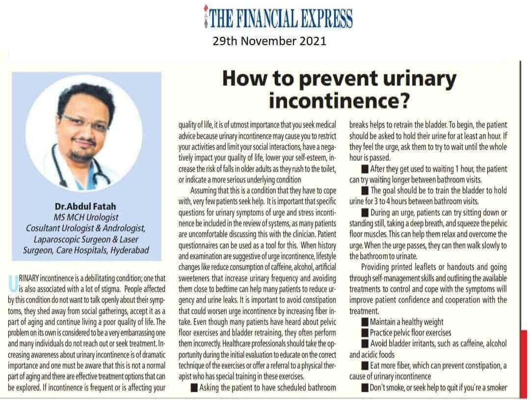 Article on How to Prevent Urinary Incontinence by Dr. Abdul Fatah - Consultant Urologist