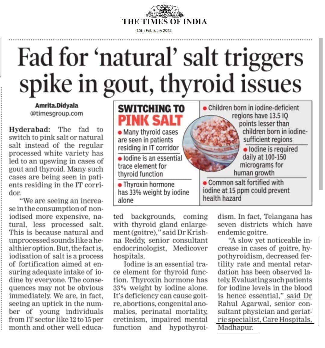News Quote on Thyroid Issues by Dr. Rahul Agarwal - Sr. Consultant General Medicine
