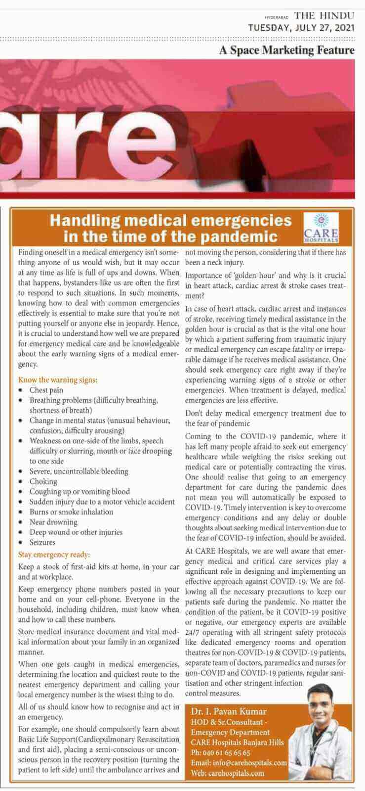 Handling Medical Emergencies in the time of the pandemic article by  Dr. I. Pavan Kumar - Consultant Emergency Medicine