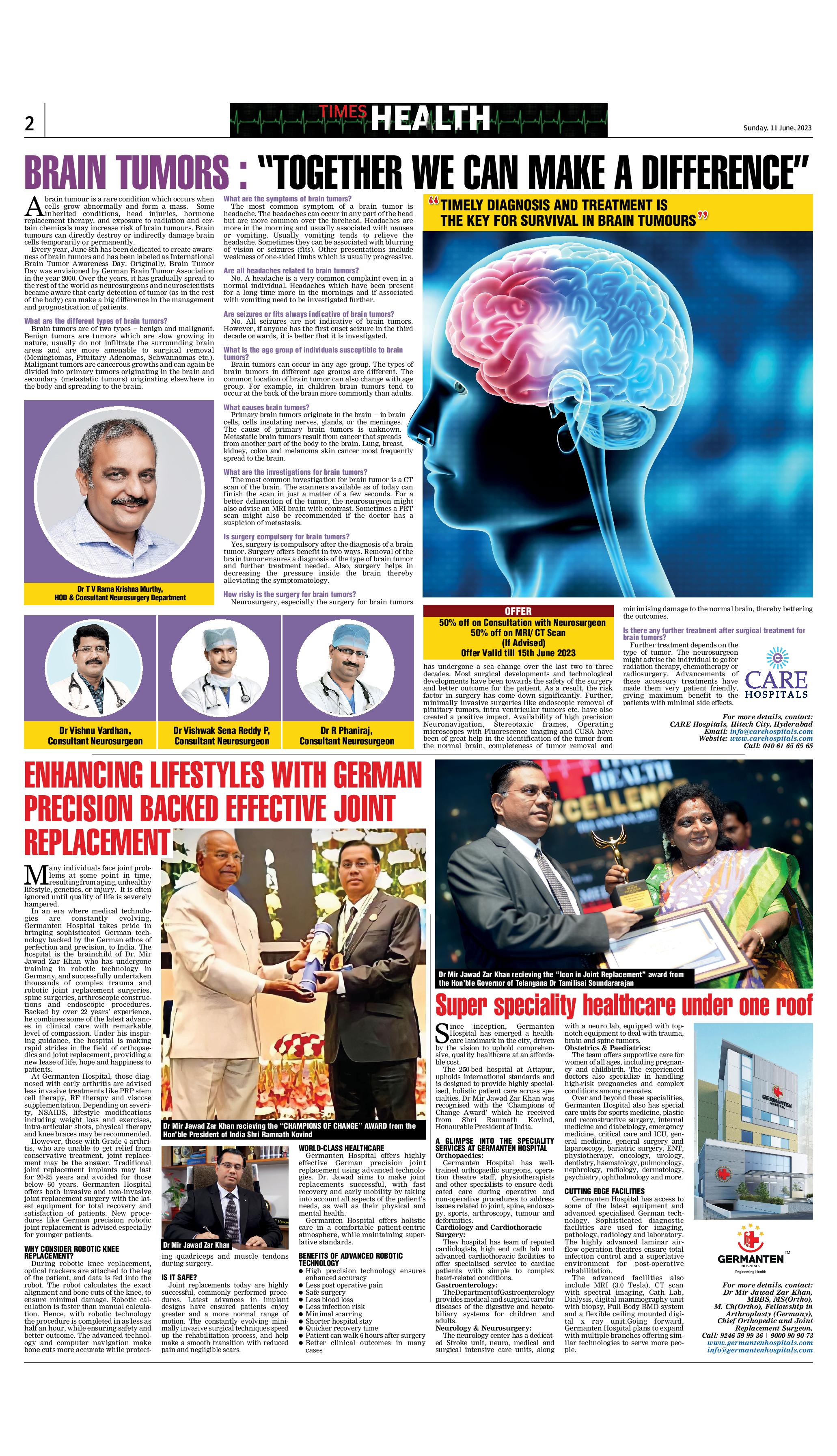 टाइम्स ऑफ इंडिया में न्यूरोसर्जरी टीम केयर हॉस्पिटल्स हाईटेक सिटी द्वारा ब्रेन ट्यूमर पर विज्ञापन
