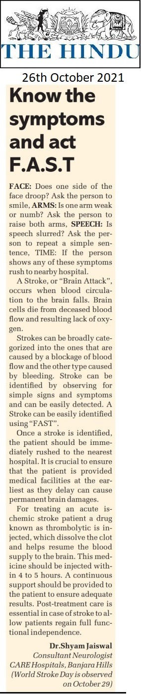 Article on Act Fast by Dr. Shyam K Jaiswal - Consultant Neurologist