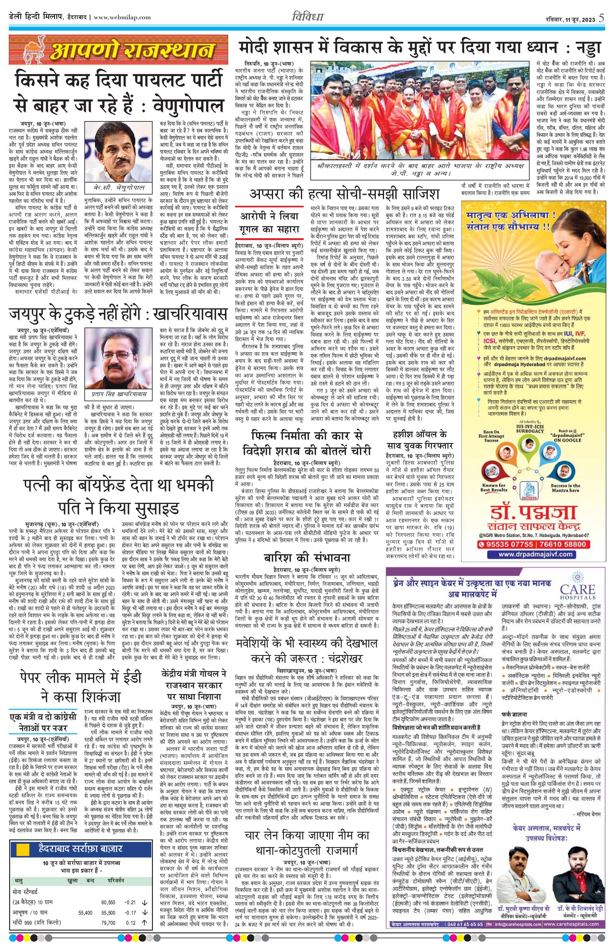 Article on Dept of Neurlogy at CARE Hospitals Malakpet in Hindi Milap