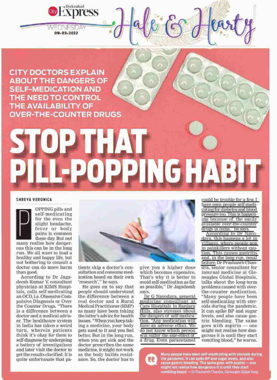 Article on Self Medication News Quote by Dr. Navodaya Gilla - Consultant General Medicine