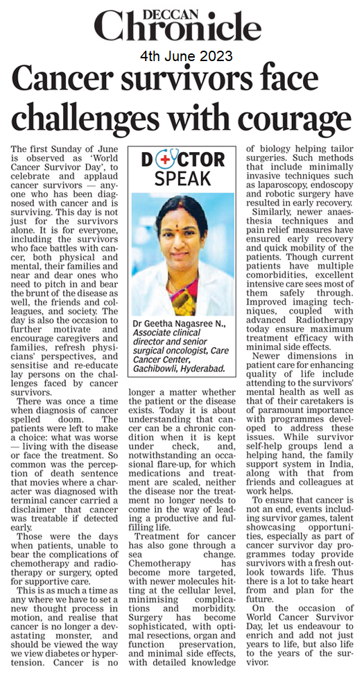 Article on the occasion of Cancer Survivors Day by Dr. Geetha Ngashree Consultant Surgical Oncologist CARE Hospitals Hitech City in Deccan Chronicle