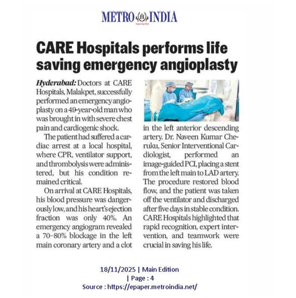 CARE Hospital Performs Life-Saving Emergency Angioplasty News Coverage in Metro India