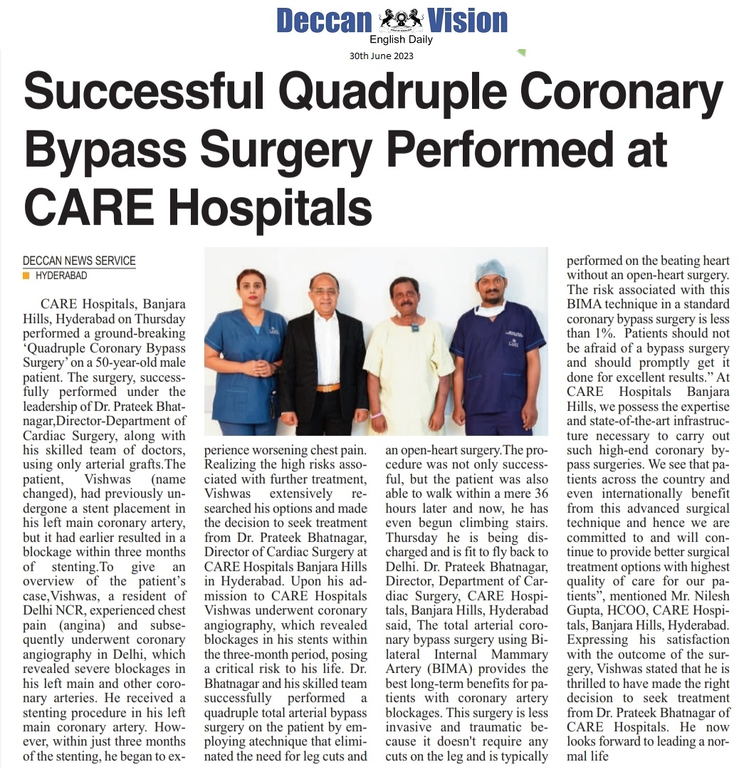 CARE Hospitals Banjara Hills Treats Severe Coronary Artery Blockages in 50 Years old Men News Coverage in Deccan Vision