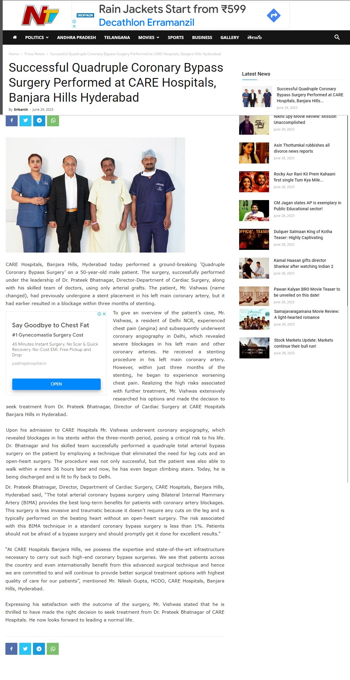 CARE Hospitals Banjara Hills Treats Severe Coronary Artery Blockages in 50 Years old Men News Coverage in NTV Digital Online English