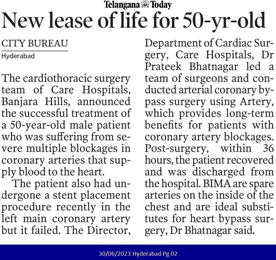 CARE Hospitals Banjara Hills Treats Severe Coronary Artery Blockages in 50 Years old Men News Coverage in Teleangana Today