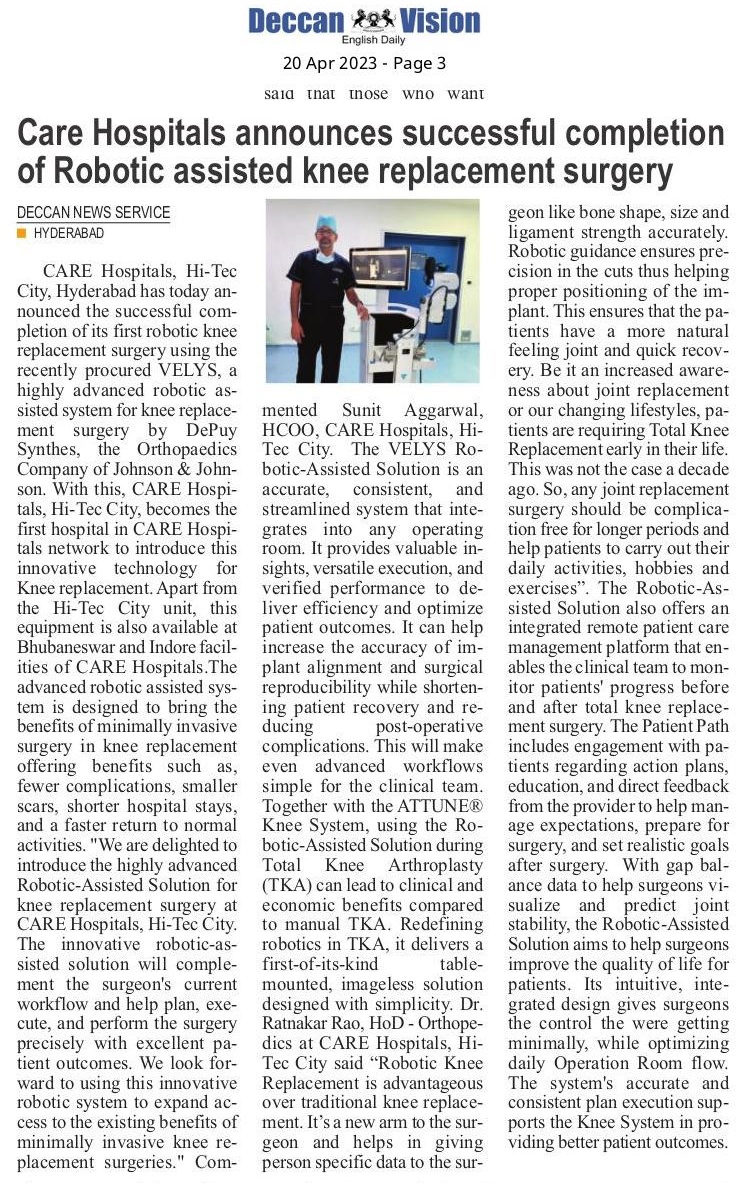 केयर हॉस्पिटल्स, हाईटेक सिटी ने डेक्कन विजन में पहला ऑर्थो रोबोटिक सर्जरी समाचार कवरेज प्रस्तुत किया
