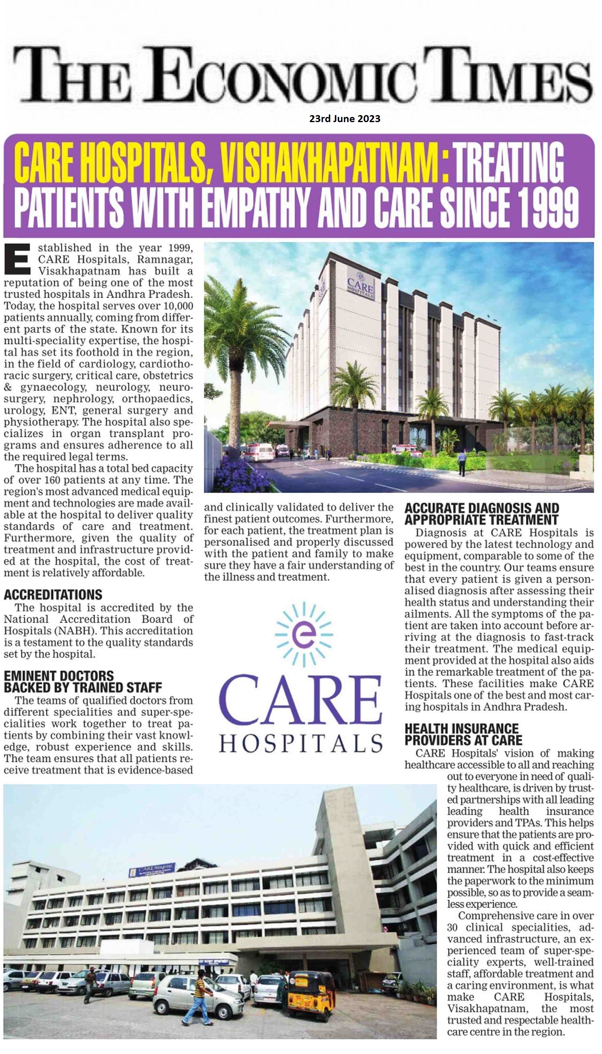 CARE Hospitals Visakhapatnam Treating Patients with Empathy and CARE Since 1999 News Article in Economic Times