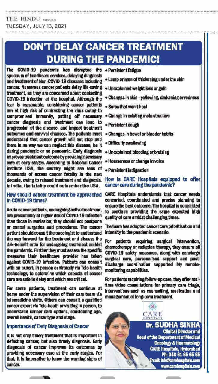 Donât Delay Cancer Treatment During the Pandemic by  Dr. Sudha Sinha â Clinical Director & HOD, Medical Oncology Senior Consultant Medical Oncology & Hematology