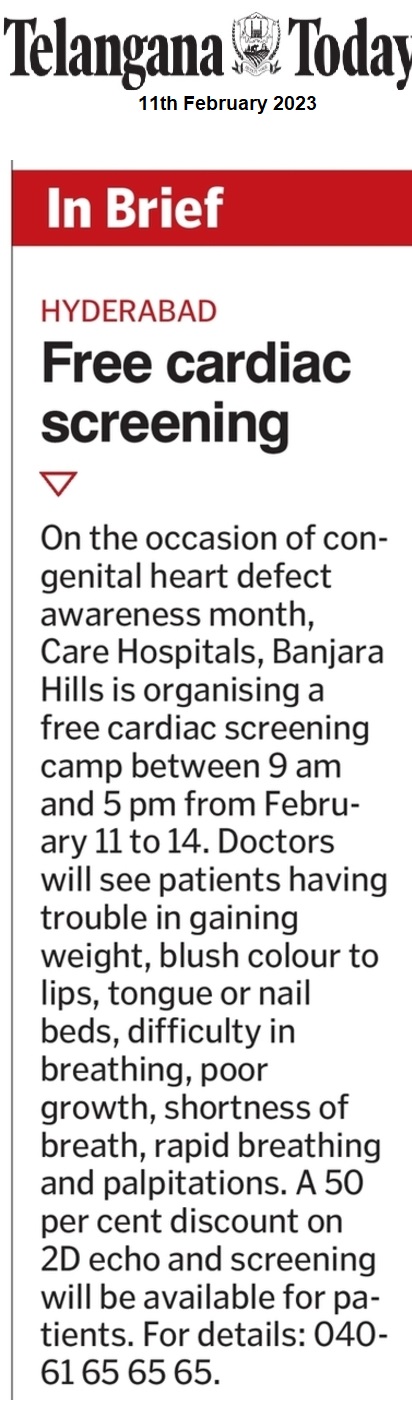 Free Paediatric Cardiac Screening Camp News in Teleangana Today