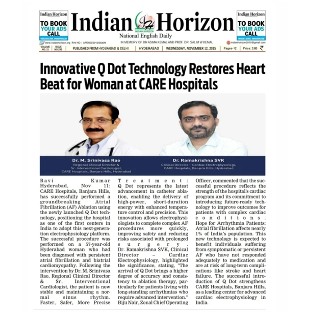 Innovative Q Dot Technology Restores Heartbeat for Woman at CARE Hospitals News Coverage in Indian Horizon 