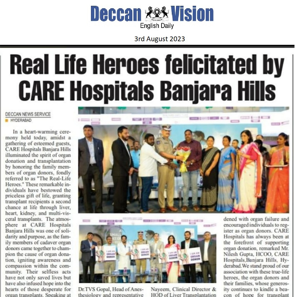 केयर हॉस्पिटल बंजाराहिल्स में अंग दान करने वाले परिवारों को सम्मानित किया गया डेक्कन विजन में समाचार कवरेज