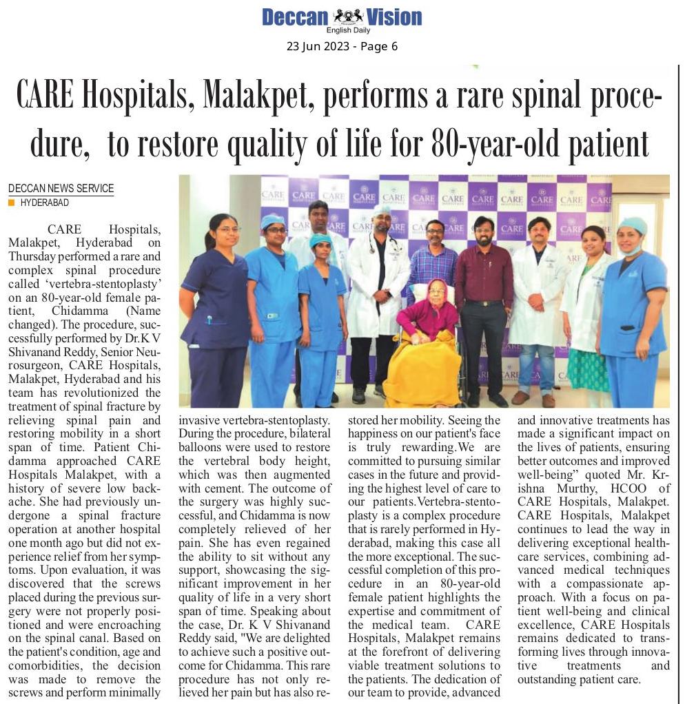 إجراء نادر للعمود الفقري يتم إجراؤه في مستشفيات كير في تغطية Malakpet الإخبارية في Deccan Vision