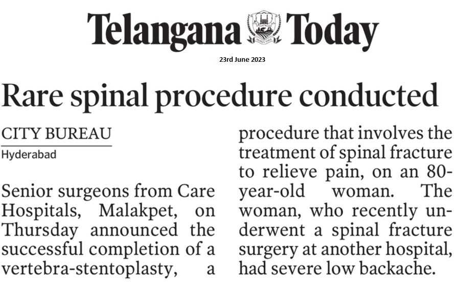 ಅಪರೂಪದ ಬೆನ್ನುಮೂಳೆಯ ಕಾರ್ಯವಿಧಾನವನ್ನು CARE ಆಸ್ಪತ್ರೆಗಳಲ್ಲಿ ಪ್ರದರ್ಶಿಸಲಾಯಿತು ಮಲಕ್‌ಪೇಟೆ ಸುದ್ದಿ ವ್ಯಾಪ್ತಿ ಇಂದು ತೆಲಂಗಾಣದಲ್ಲಿ