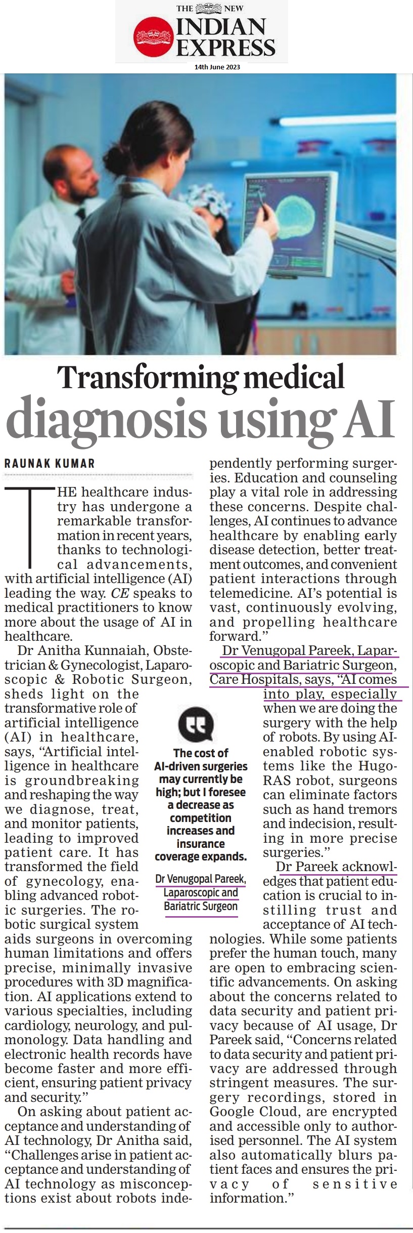 Transforming Medical Diagnosis Using AI News Quote by Dr. Venugopal Pareekh Consultant Laprscopic Bariatric Surgeon CARE Hospitals Banjara Hills in the New Indian Express 