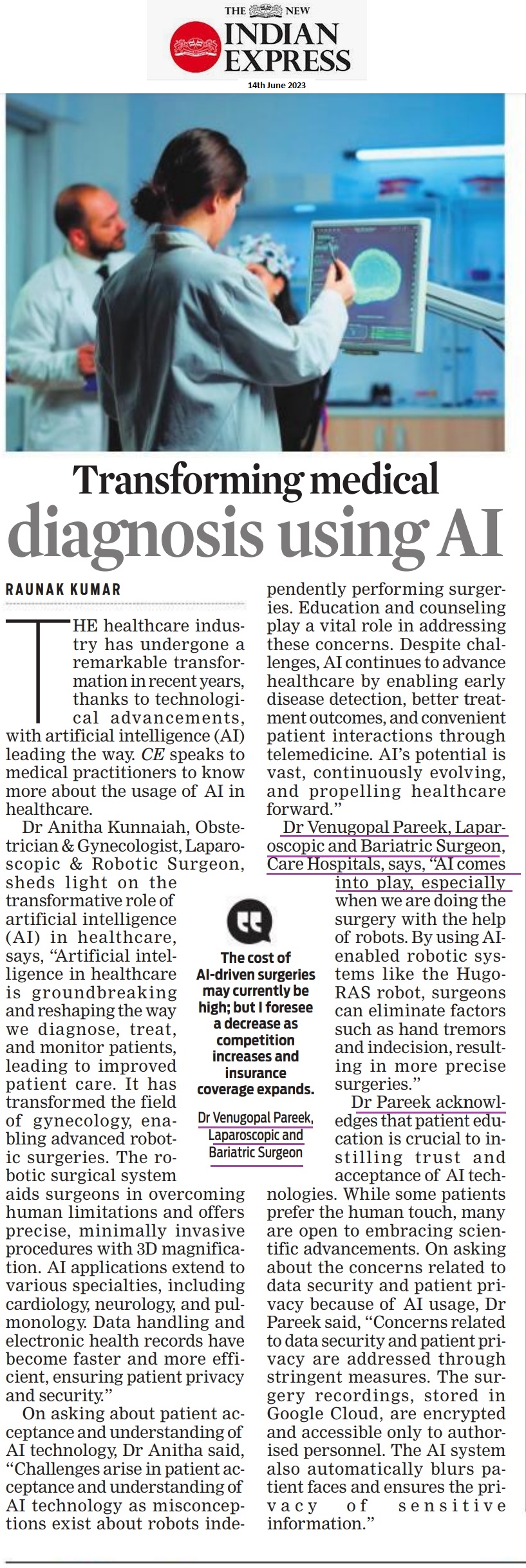 न्यू इंडियन एक्सप्रेस में डॉ. वेणुगोपाल पारीख सलाहकार लेप्रोस्कोपिक बेरिएट्रिक सर्जन केयर हॉस्पिटल बंजारा हिल्स द्वारा एआई न्यूज का उपयोग करके चिकित्सा निदान को बदलना