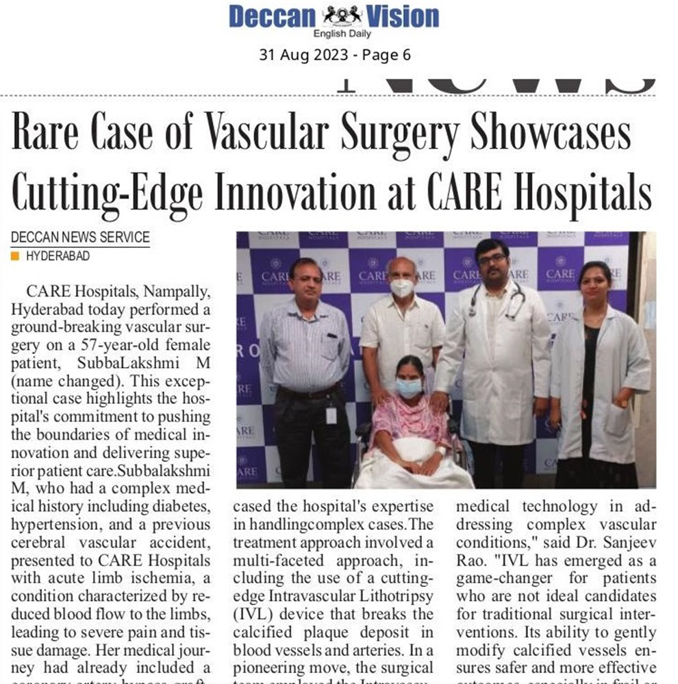 أجرى أطباء جراحة الأوعية الدموية الفريدة في CARE Nampally تغطية إخبارية في Deccan Vision
