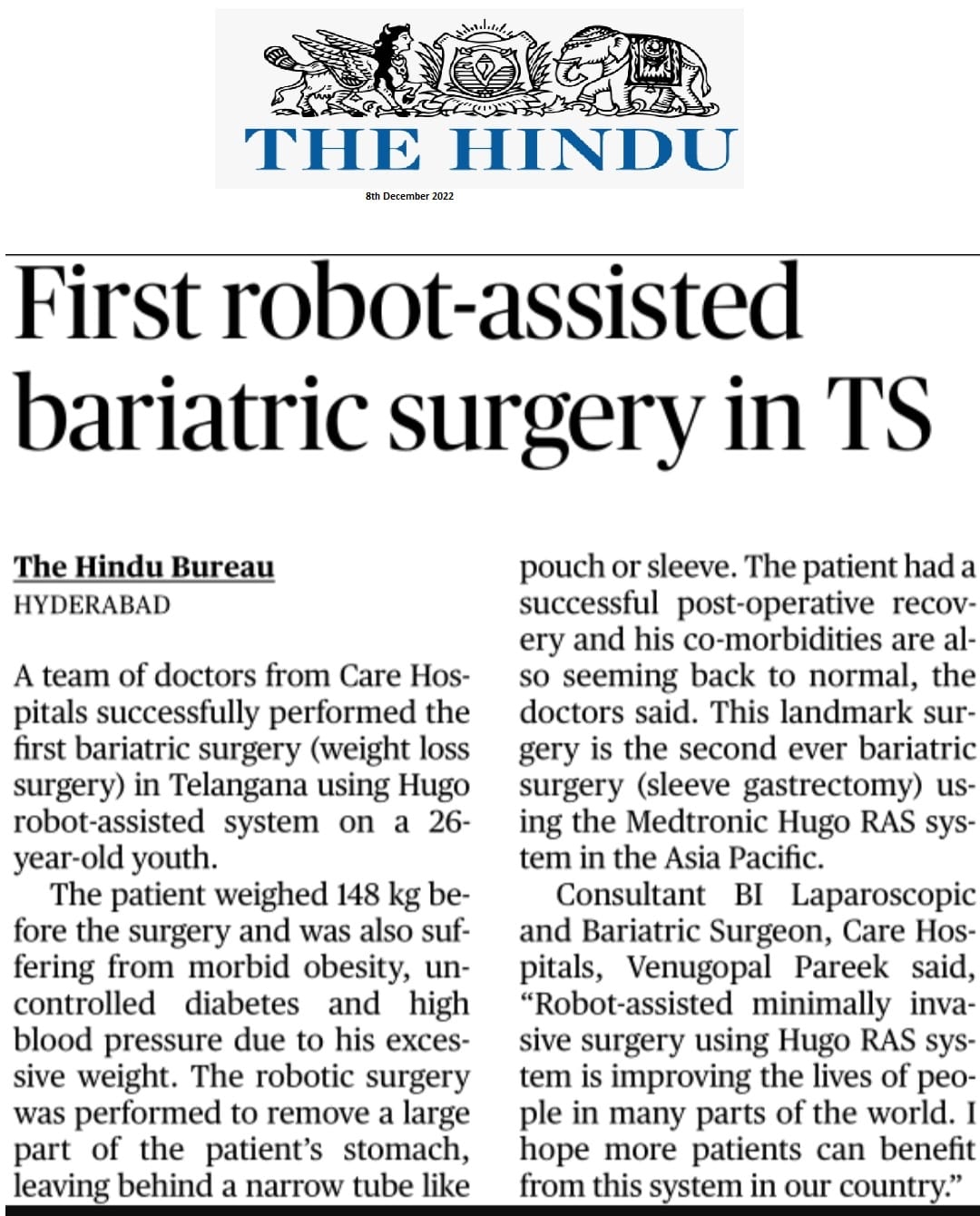 TS मधील पहिली रोबोट-सहाय्यित बॅरिएट्रिक शस्त्रक्रिया