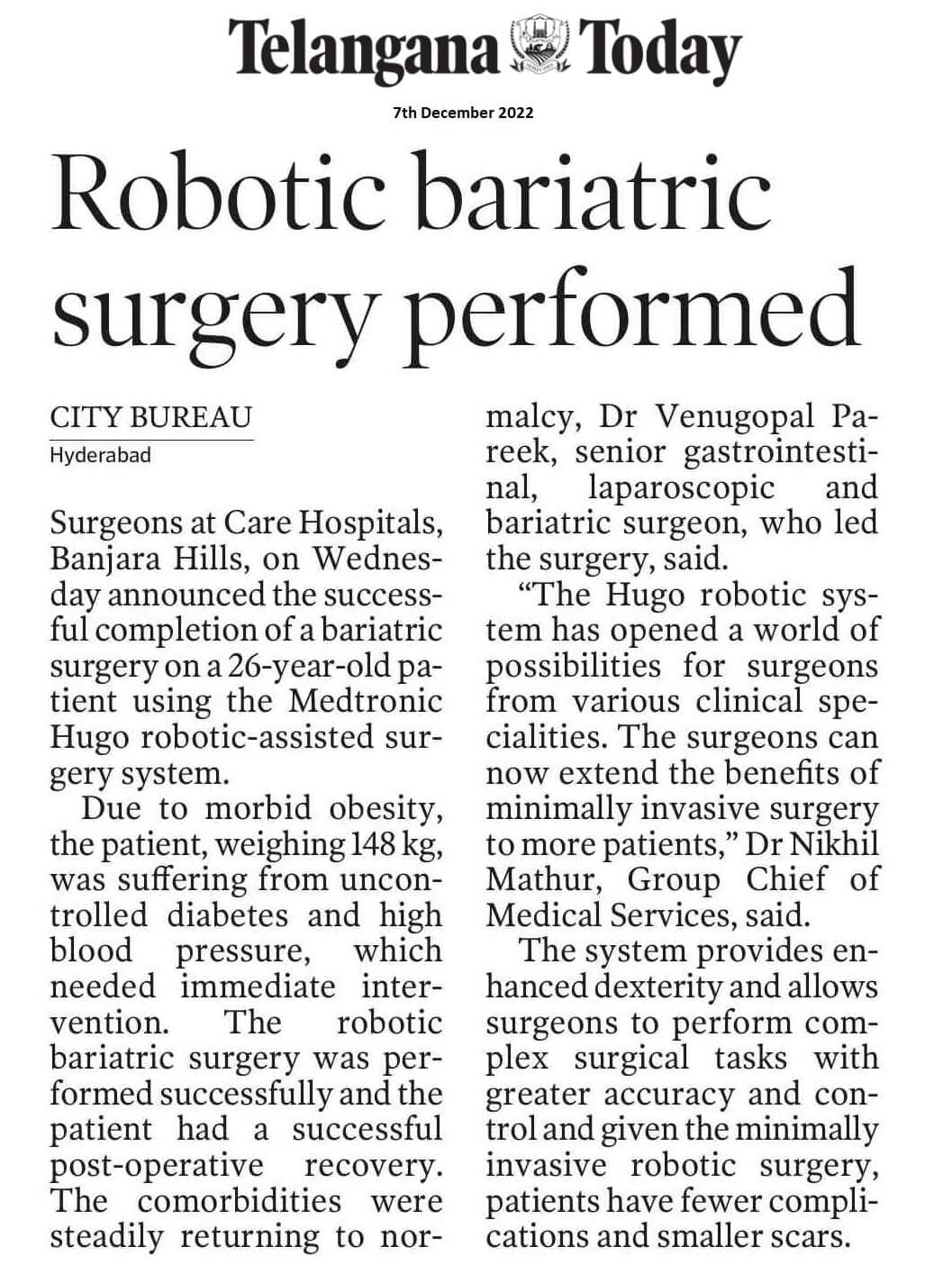 Robotergestützte Adipositaschirurgie durchgeführt | CARE Hospitals | Banjara Hills