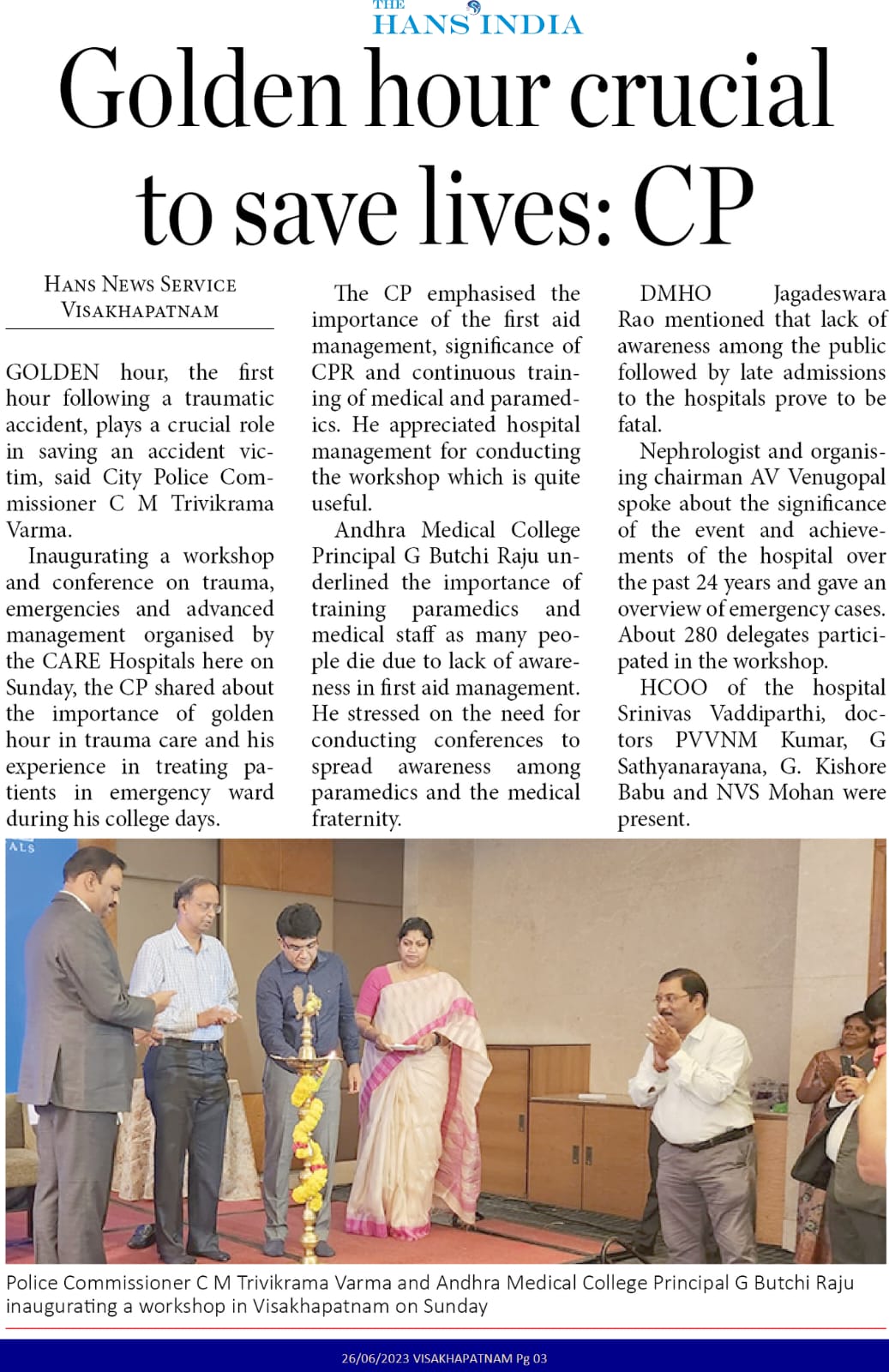 Workshop on Trauma Emergency by CARE Hospitals Visakhapatnam News Coverage in The Hans India