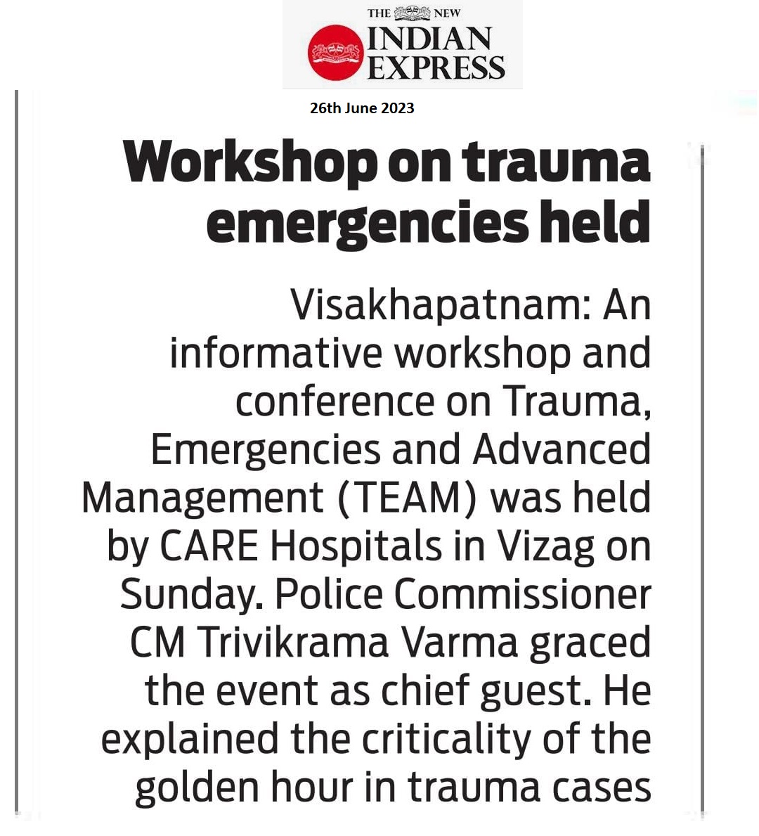 Workshop on Trauma Emergency by CARE Hospitals Visakhapatnam News Coverage in The New Indian Express 